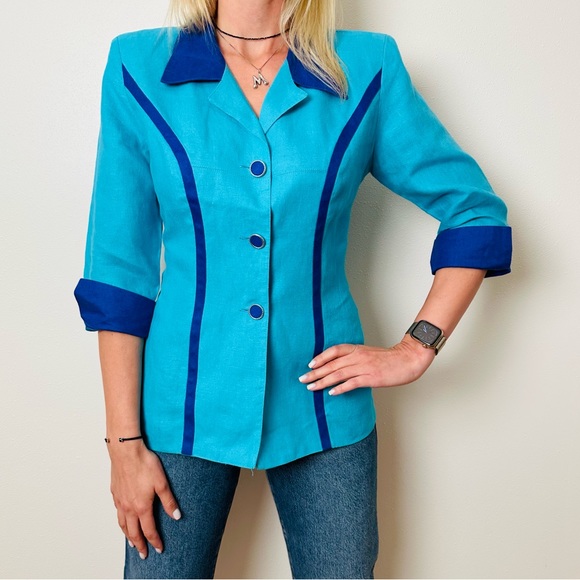 Vintage Hernandez 100% linen button down padded shoulders blazer blouse top - Picture 2 of 8